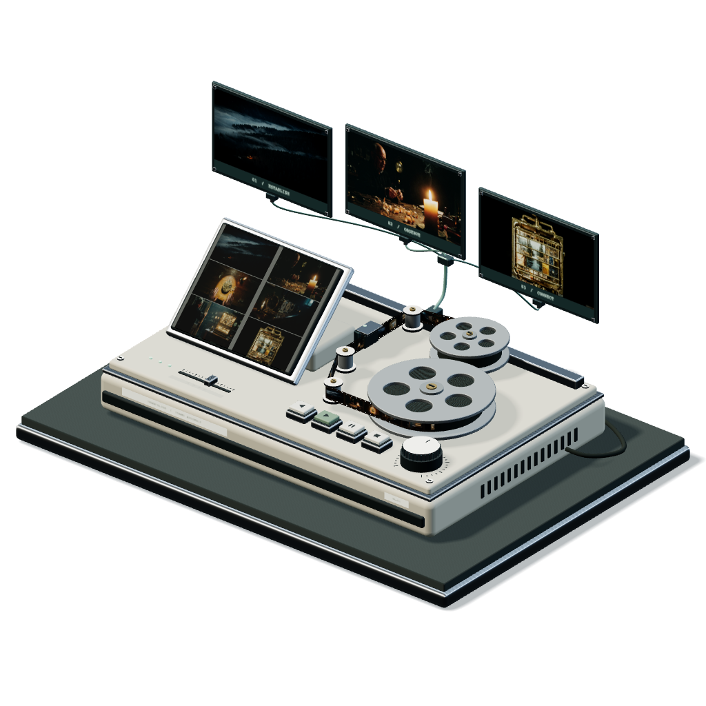 An isometric film-editing device with connected photographic scenes