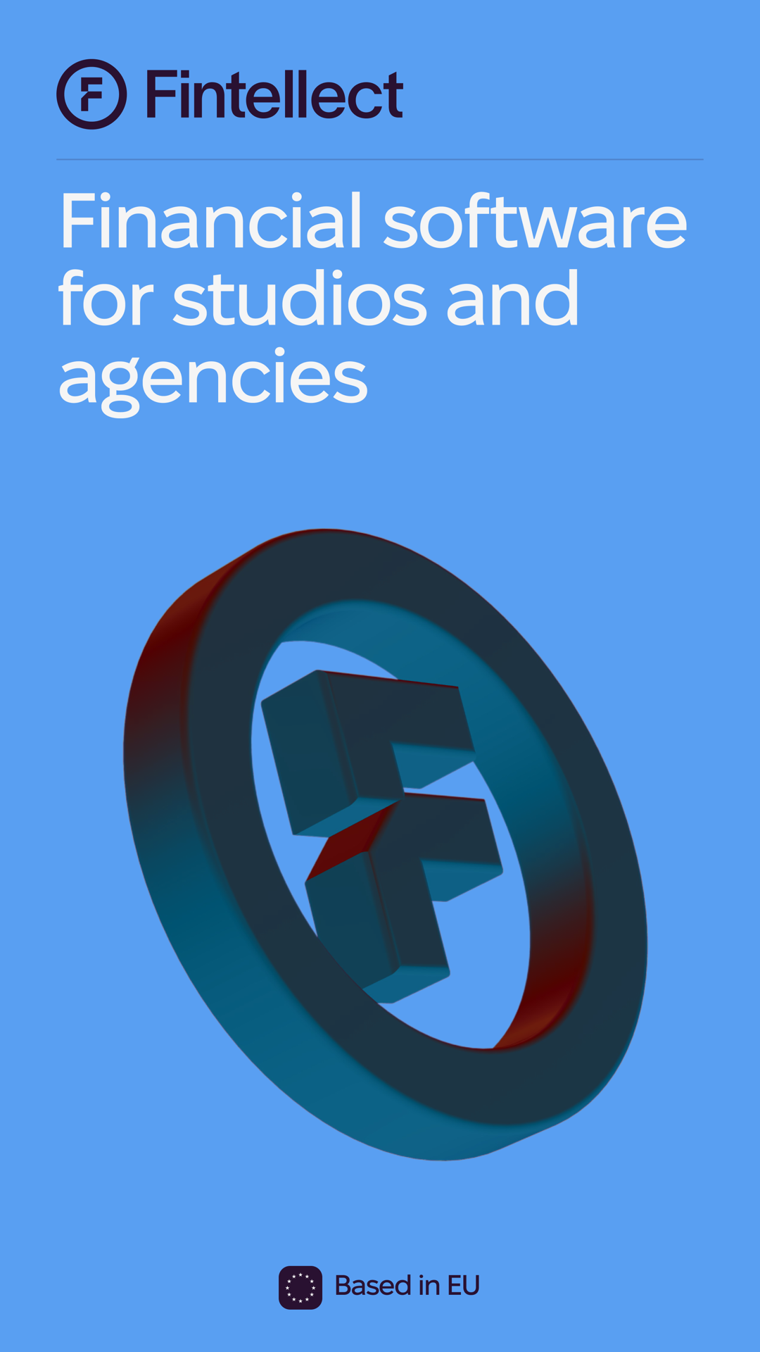 Blue Fintellect campaign with the three-dimensional brand mark