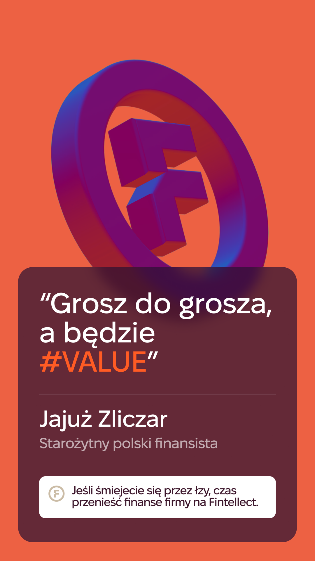 Coral Polish-language Fintellect campaign built around a playful finance quote