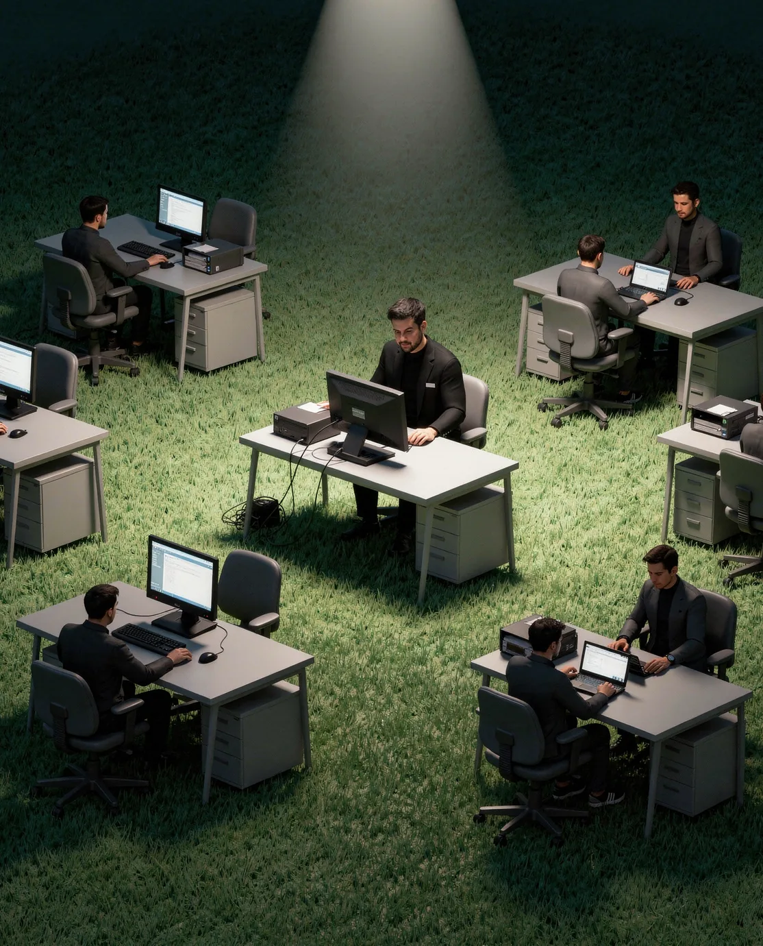 Isometric illustration of an open-plan office on a green field