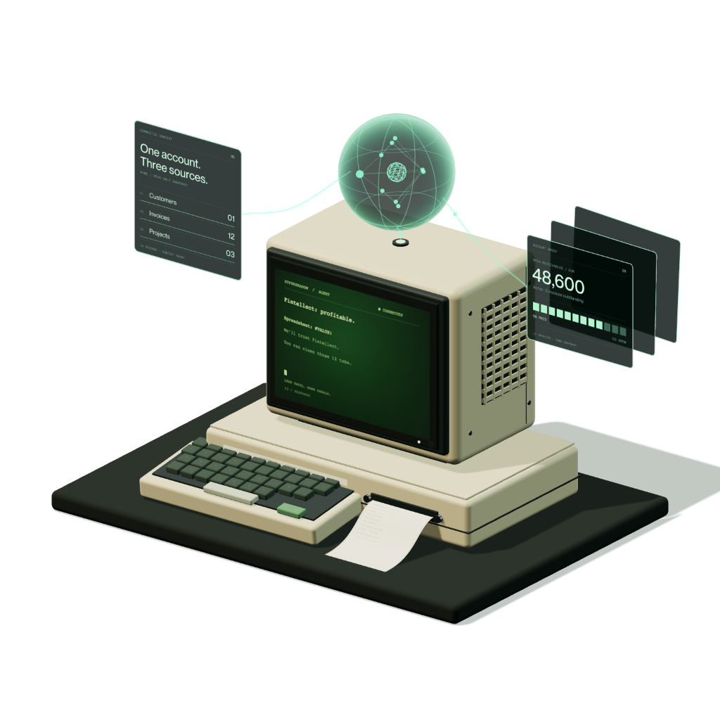 A cream terminal with a floating cognitive core and holographic information panels