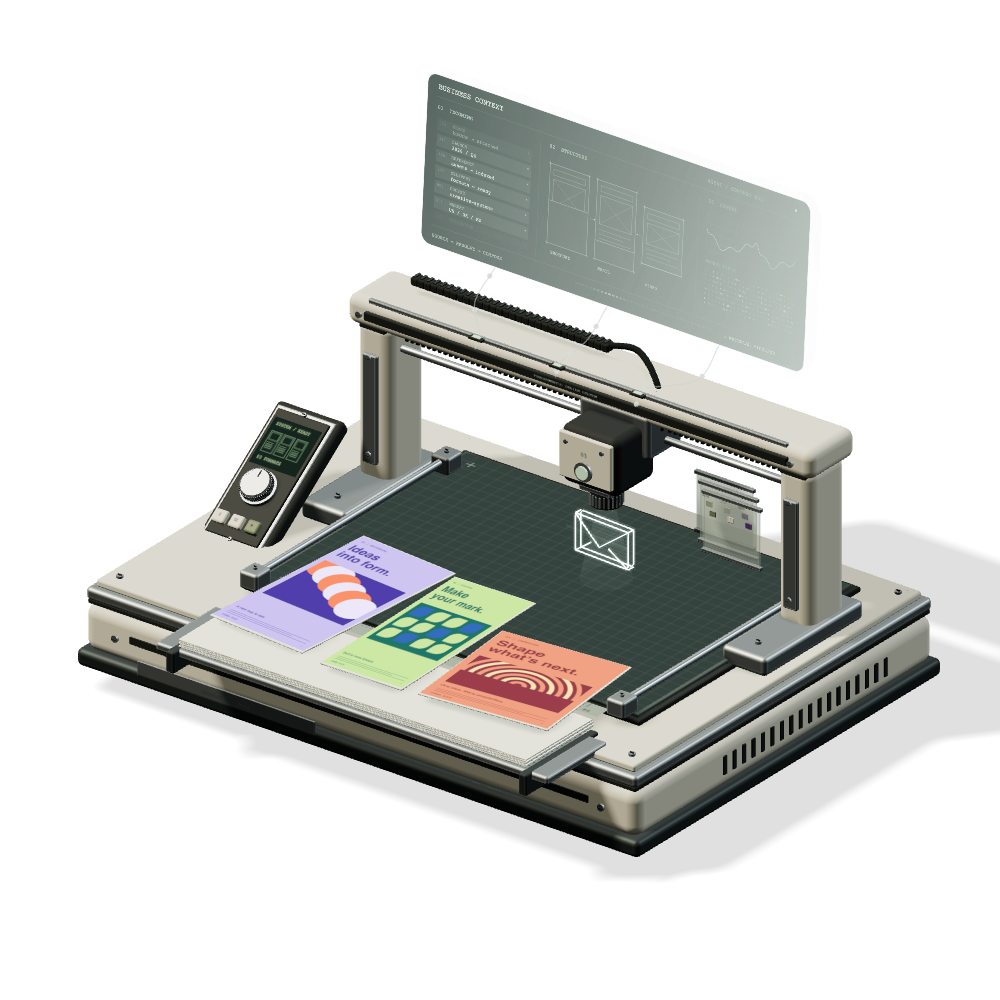 An optical composition bench receiving holographic business context and producing colourful design materials